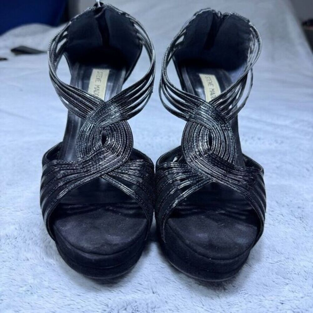 Steve Madden Heels Women Platform Sandal Blk Strappy Suede 8M Stiletto Y2K Glam